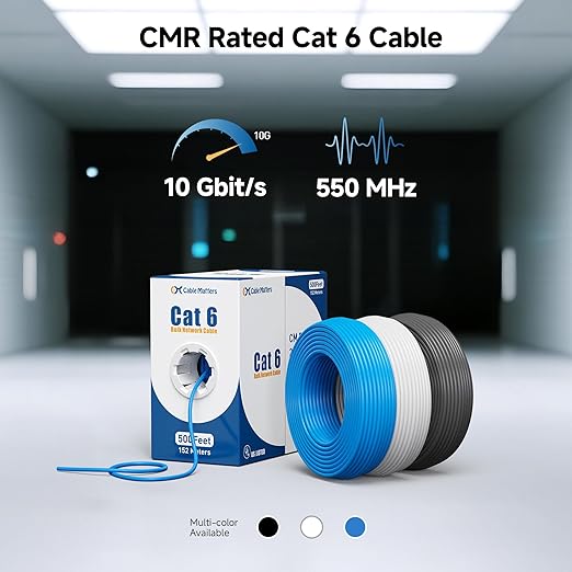 Cable Matters [UL Listed] 10Gbps in-Wall Riser Rated (CMR) 23AWG Bare Copper Cat6 Ethernet Cable - 1000ft, Cat 6 Ethernet Cable Spool, Cat 6 Cord Bulk, Blue