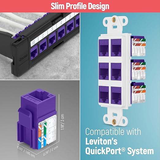 Everest 90° Angled RJ45 Cat6 Keystone Jacks 100-Pack in Purple - Slim Profile Female RJ45 Connectors - Cat 6 Keystone Jack - Compatible with 90° Angled Speed Termination Tool - easyJACK (B094WB91H3)