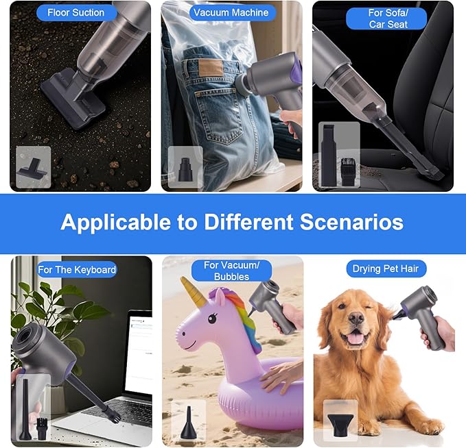 Car Vacuum Portable Cordless, 21000PA 4 in 1 Suck/Blow/Pump/Charger 120W Handheld Car Vacuum Cleaner and Air Duster, Brushless Motor Multi-Nozzles for Home Office Grey