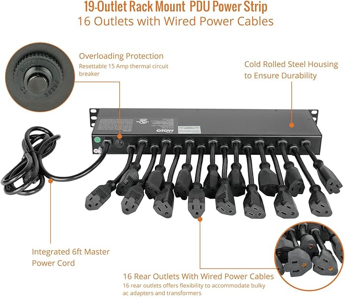 Tecmojo 1U Rack Mount 19 Outlet PDU Power Distribution Unit Power Strip Circuit Breaker fits 19-inch AV/Network/Server Cabinet/Closet/Enclosure