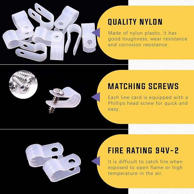 Swpeet 120 Pack White 5/16 Inch Nylon Plastic R-Type Cable Clips Clamp Kit, Nylon Screw Mounting Cord Fastener Clips with 120 Pack Screws for Wire Management (5/16 Inch, White)