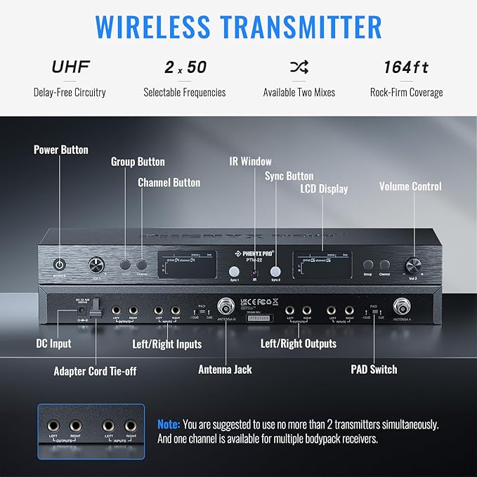 Phenyx Pro UHF Mono Dual Wireless in-Ear Monitor System, Metal Wireless IEM System, Sturdy Bodypack Receiver, 2x50 Frequencies, Separate Outputs,164ft Operation, Suitable for Band and Studio (PTM-22)