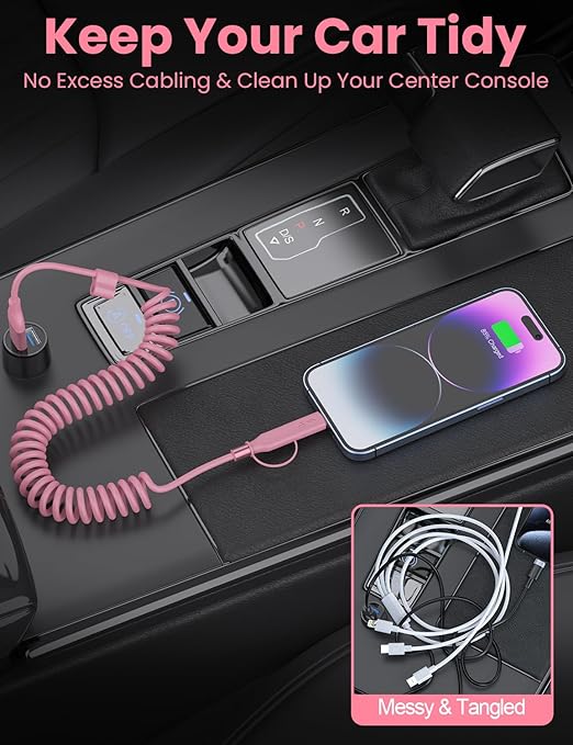 Coiled USB-C and Lightning Cable 2-in-1, 3FT Pink iPhone 15 16 Car Charger Cord, 60W Fast Charging Cable for iPhone 17, Samsung Galaxy, Cute Pink Car Accessories Supports Apple CarPlay & Android Auto