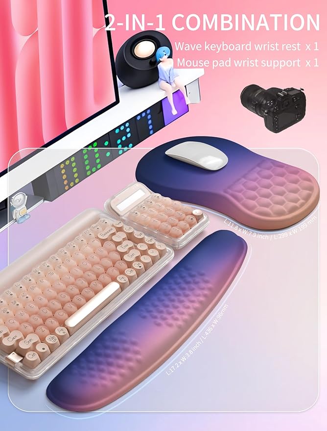 Hokafenle 2in1 Combination, Wave Keyboard Wrist Rest and Ergonomic Curvature Mouse Pad Wrist Support for Relieve Wrist Pain, Filled with Soft Cushion Memory Foam, Dawn