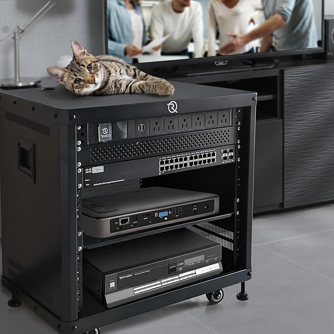 RIVECO POMU 22U Stereo & Server Rack with Caster Wheels, Rolling Network Cabinet, Open Frame Rack for 19-inch Audio Video Music Recording & IT Equipment, Obtuse Angel, Lifting Handle