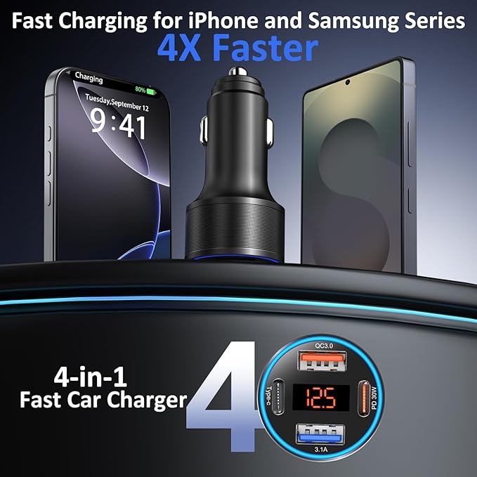 3 Pack USB C Car Charger, 4-Port 65W Dual 12V USB-A & USBC Cigarette Lighter Adapter Plug with Voltmeter PD/QC 3.0 Fast Charging Car Phone Charger for iPhone 16e 15 14 13 12 11 Pro Max, Android-Black