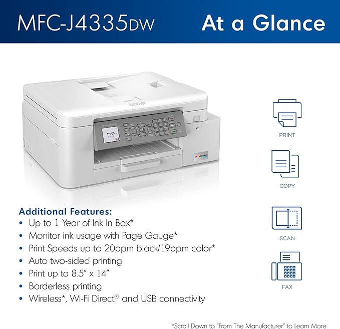 Brother MFC-J4335DW INKvestment Tank Wireless All-in-One Color Inkjet Printer, Up to 1-Year of Ink in-Box, Duplex Printing, Mobile and Cloud Print, Works with Alexa