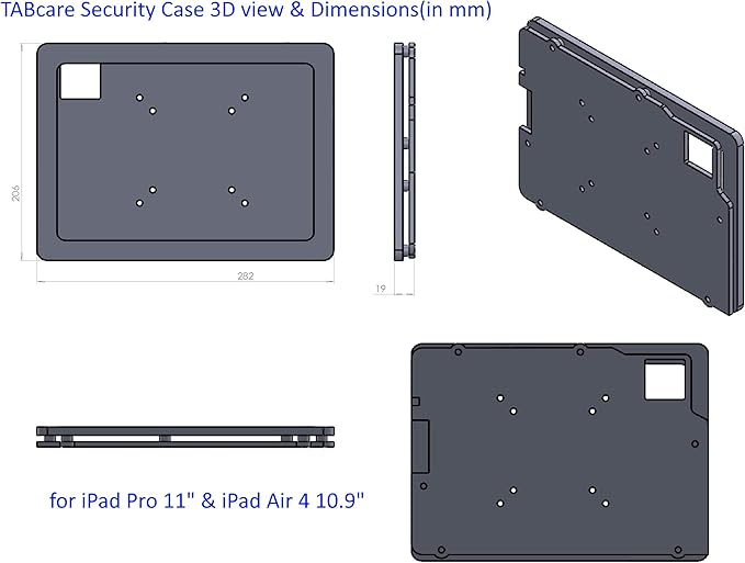 TABcare Anti-Theft Acrylic VESA Enclosure for Apple iPad Pro 11" 1st, 2nd, 3rd, 4th gen. with Free Wall Mount Kit & 90-Degree Angle USB C Cable (iPad Pro 11 1/2/3/4, Black)