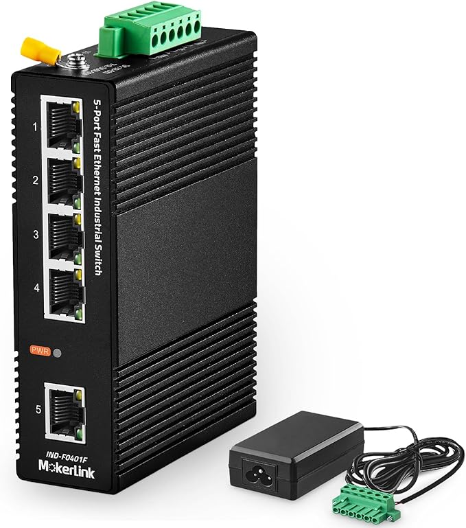 MokerLink 5 Port Industrial DIN-Rail Network Switch, 10/100Mbps Fast Ethernet, IP40 Rated Network Switch (-40 to 185°F), with UL Power Supply