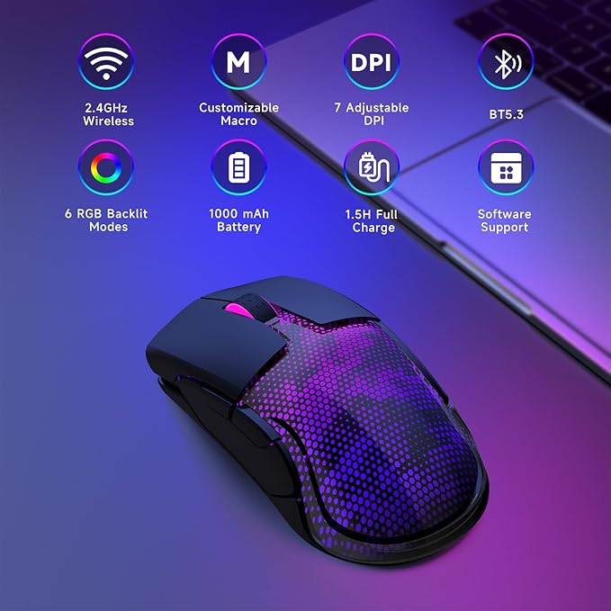 FFJ Master02 Wireless Gaming Mouse, 12000 DPI, Tri-Mode 2.4G/USB-C/Bluetooth 5.3 Gaming Mouse, Large RGB Backlit, 6 Programmable Buttons, 75Hr Battery Life for PC, Mac, Laptop, PS5, Xbox - Black