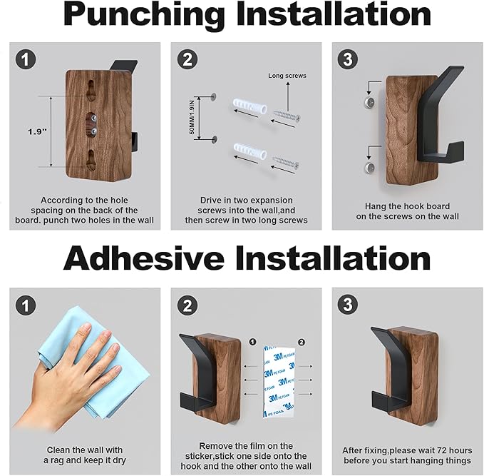 4 PCS Black Walnut Wood Wall Hooks Adhesive Mounted & Wall Mounted Rustic Decorative Entryway Hooks Mid Century Modern Natural Wooden Pegs for Hanging Coat Clothes Hat Bag Purse and Towel