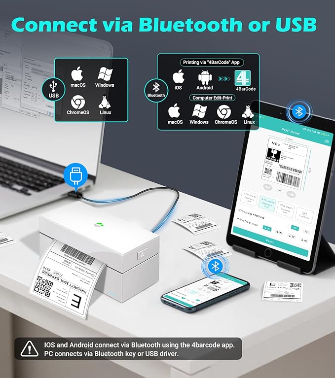 ORGBRO Bluetooth Thermal Shipping Label Printer, Z1-Plus Wireless 4X6 Shipping Label Printer for Small Business Office or Home Support iPhone Android Windows macOS Chrome Amazon Ebay Shopify USPS