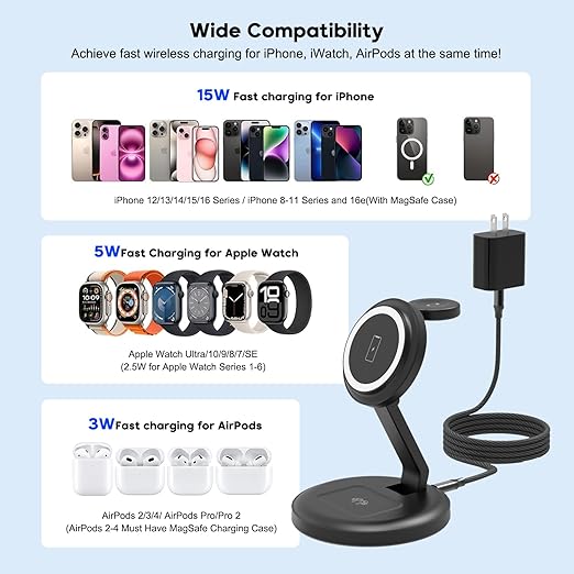 Charging Station, 3 in 1 Foldable Wireless Charger iPhone Charging Station Charger Stand Multiple Devices for Apple, with PD Adapter and USB C Cable for iPhone 17/16/15/14/13,iWatch,AirPods All Series