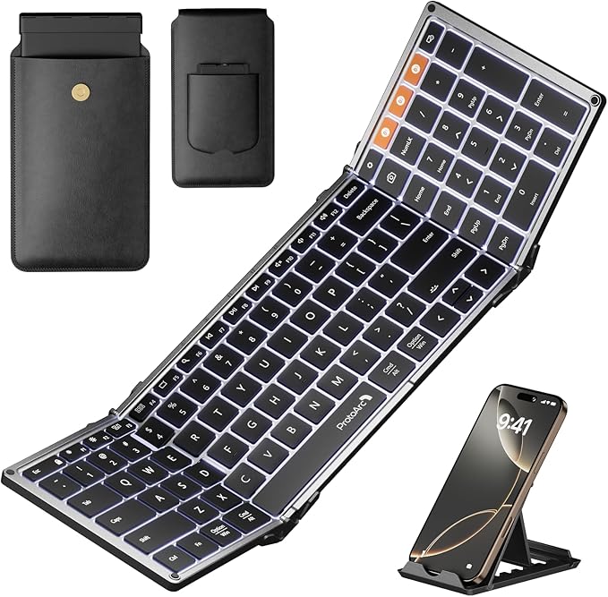 ProtoArc Backlit Foldable Keyboard, XK01 Plus Folding Portable Bluetooth Keyboard for Travel, True Full Size External Wireless Keyboards with Backlight for iPad Tablet Smartphone Laptop PC