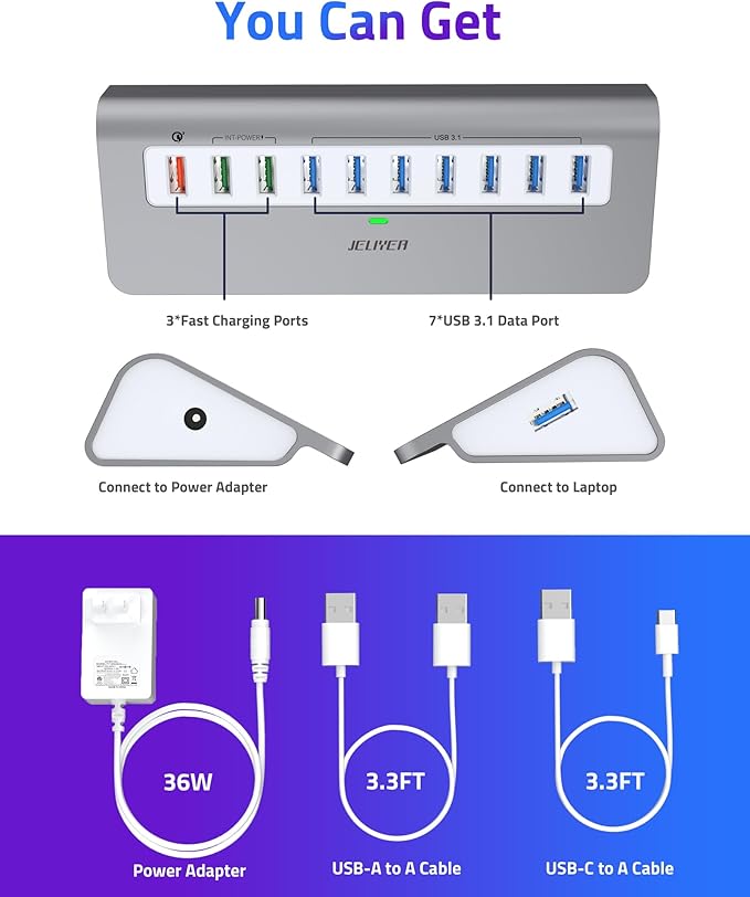 Powered USB Hub 10Gbps, 10 Ports USB 3.1 Gen 2 Hub Power Multiport USB Splitter USB Extender (7 USB 3.1 Data Port and 3 Fast Charging Port) with 36W Power Adapter, for Desktop/USB-A&USB-C Laptop/PC