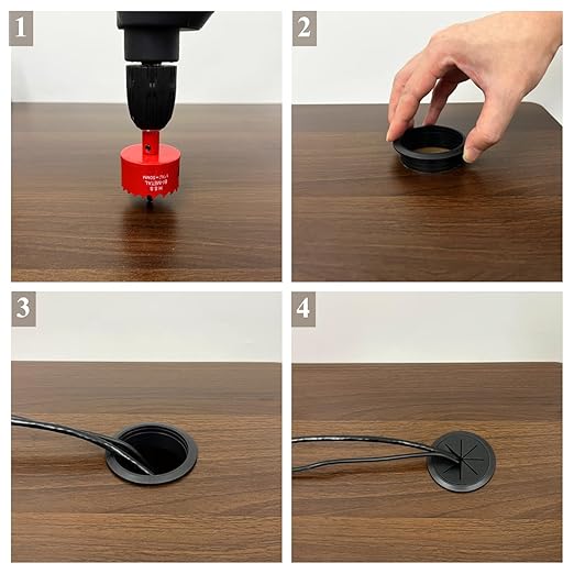 4 Pack Desk Grommet 2 Inch (50 mm), Desk Hole Cover for Cables, Black Desk Cord Hole Cover for Office Home Table, Cable Grommet with 1 Hole Saw Drill Attachment & 6 Cable Ties