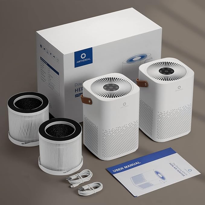 Airthereal ADH70 True HEPA Filter Air Purifier for Desktop, Bedroom and Car with Sleep Mode, Removes Allergies, Dust, Pollen, Smoke and Odor, Type-C USB power cable, Day Dawning, White (2-Pack)