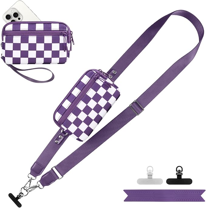 Clip and Go Strap for Phone with Wallet Crossbody, Adjustable Phone Lanyard with Detachable RFID Wristlet Wallet, Phone Strap with Phone Tabs for All Phones, Purple Checkered (L)