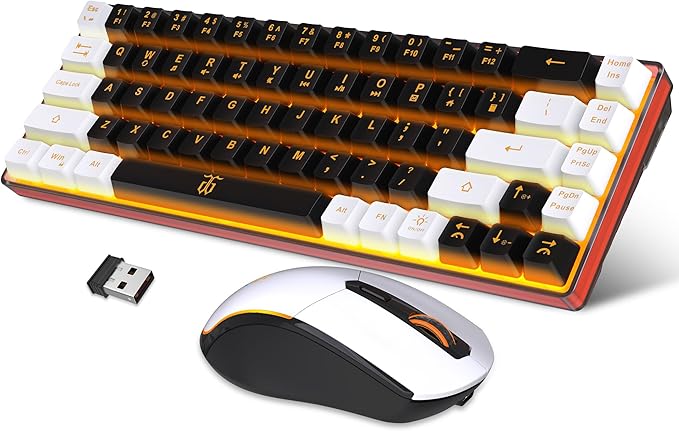 Snpurdiri 60% Wireless Gaming Keyboard and Mouse Combo,Orange Backlit Rechargeable 2000mAh Battery,Mini Mechanical Feel Anti-ghosting Keyboard + Popular RGB Mice for Gaming, Office(Black-White)