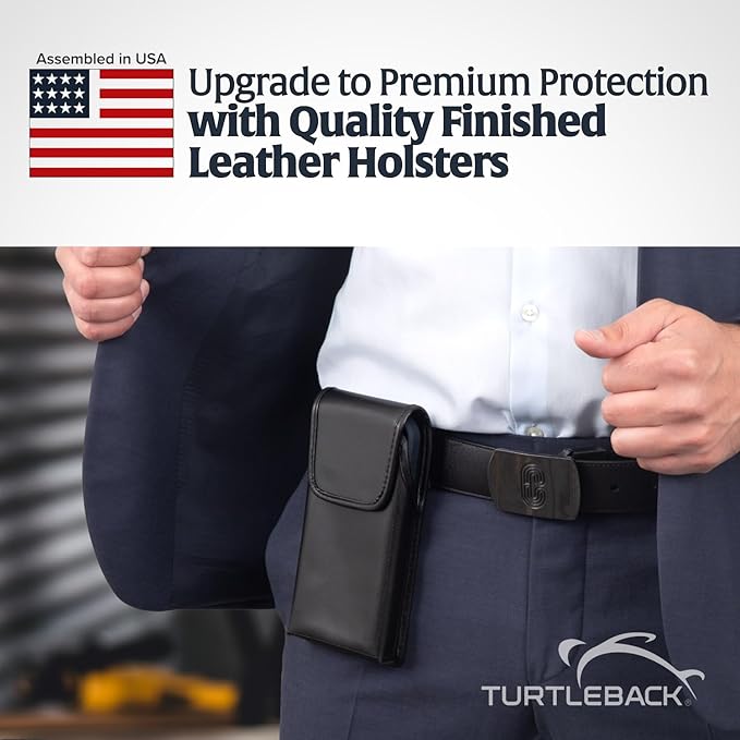 Turtleback Belt Holder for iPhone 16 Pro Max, 15 Pro Max, 14 Pro Max -Large- Fits w/Defender Bulky Style Cases, Premium Black Leather Vertical Holster, Magnetic Closure Leather Wrapped Clip
