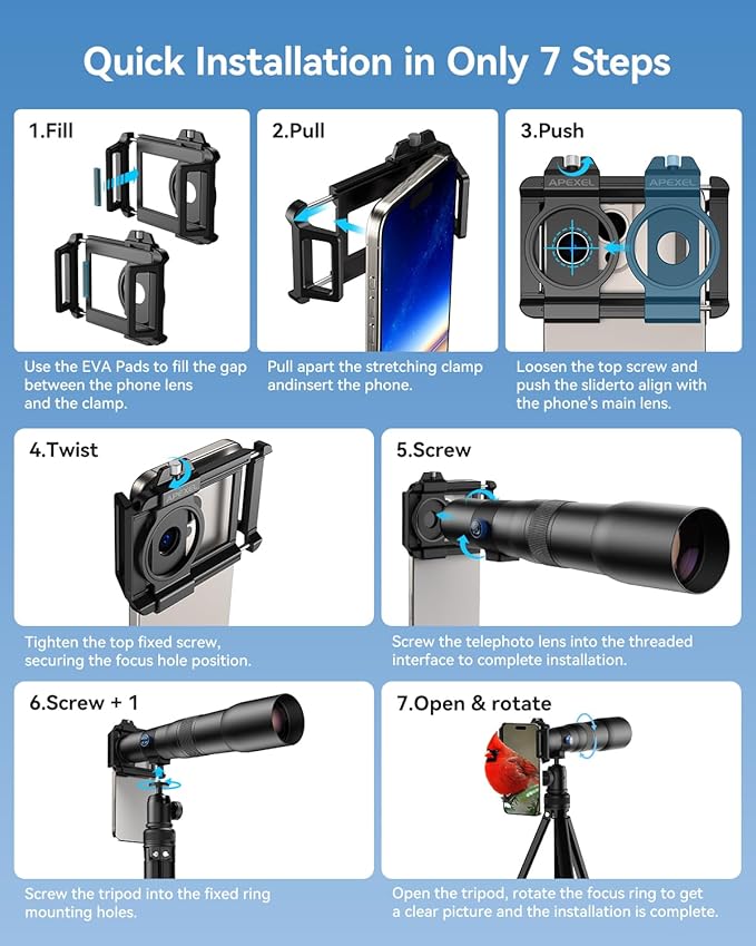 APEXEL 50x High Power HD Telephoto Lens | with Tripod & Universal Phone Clip for iPhone 16/15/14/13 Series, Samsung, Android and Most Smartphone | Landscapes Target Viewing, Wildlife Moon Photography