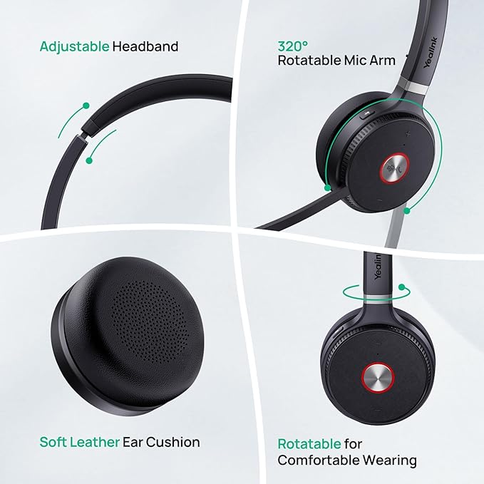 Yealink WH62 Dual Teams DECT Wireless Headset 525 ft Range, Work Headphones with 2X Noise Canceling Mic for IP Phone and Computer, Office Head Set with Call Control, Ringer,14 Hrs Talk Time