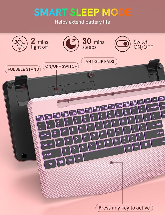 Wireless Keyboard with 7 Colored Backlits Wrist Rest, Phone Holder, Rechargeable Ergonomic Computer Keyboard with Silent Key, Full Size Lighted Keyboard for Windows, Mac, PC, Laptop (Rose gold)