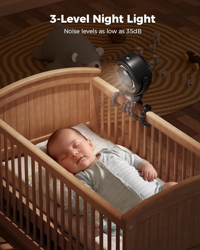 SWEETFULL Baby Stroller Fan - 4000mAh Rechargeable 4-Speed Quiet with LED Display & Night Light, Mini Portable 360° Clip On Safe Fan for Car Seat, Crib, Travel - Black