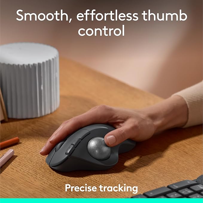 Logitech Ergo M575S Wireless Trackball Mouse, Wireless Ergonomic Mouse with Bluetooth and Encrypted Dongle, Comfortable Thumb Control, Precise and Smooth Tracking, for PC/Mac - Black Silver Ball