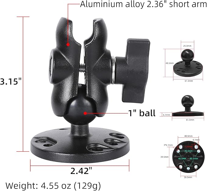 1" Ball Double Socket Arm with AMPS Hole Round Plate Base, Aluminum Alloy Arm&Drill Base, Compatible with RAM Mounts 1 Inch Ball Components, for Bike Car Motorcycle Phone Mount (3.15" Length)
