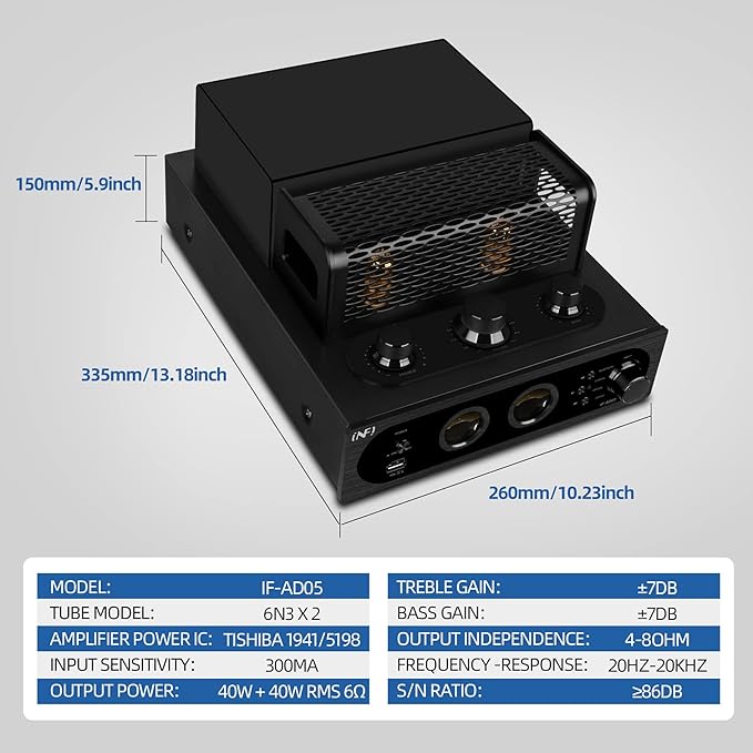 INFI Audio Hybrid Class AB Tube Amplifier 6N3 Power Amp with Bluetooth Home Audio HiFi Stereo Receiver Integrated Amp AUX Bluetooth USB Charger Optical Coaxial Sub-Out