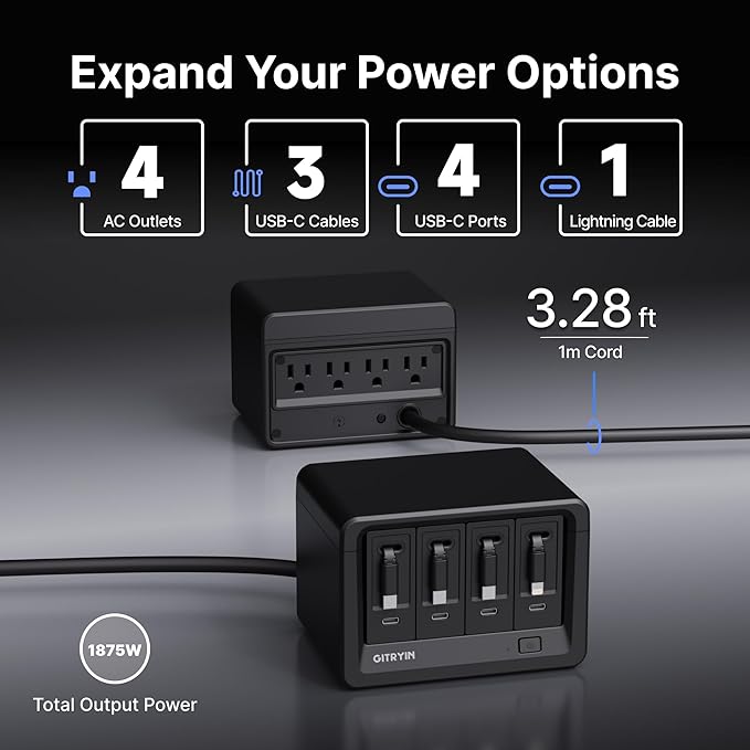 Gitryin 12-in-1 Desktop Charging Station with 3 Retractable Type-C Chargers and 1 Lightning Charger, 40W USB-C Power Strip with Flat Plug, Extension Cord with 1020J Surge Protection for Home Office