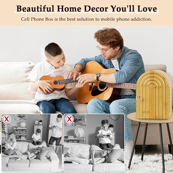 Phone Box for Family Time, Bamboo Cell Phone Jail, 3 Sections Hold 6 Phones, with Charging Holes, Phone Holder Self-Discipline Box, Help Kids Adults Focus Back, Mobile Phone Addiction (Wood)