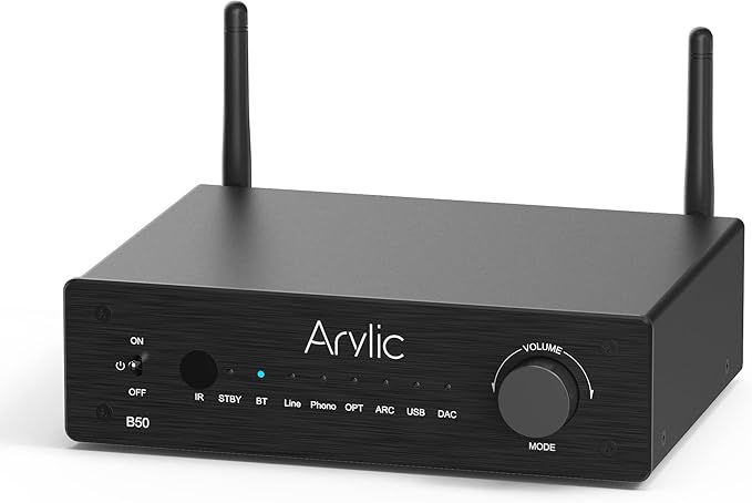 Arylic B50 2 Channel Bluetooth Amplifier with Audio Transmitter, 50W*2 Home Stereo Amplifiers with HDMI ARC,DAC,Phono in and Free APP. Support aptX HD Music Transmission & Reception.