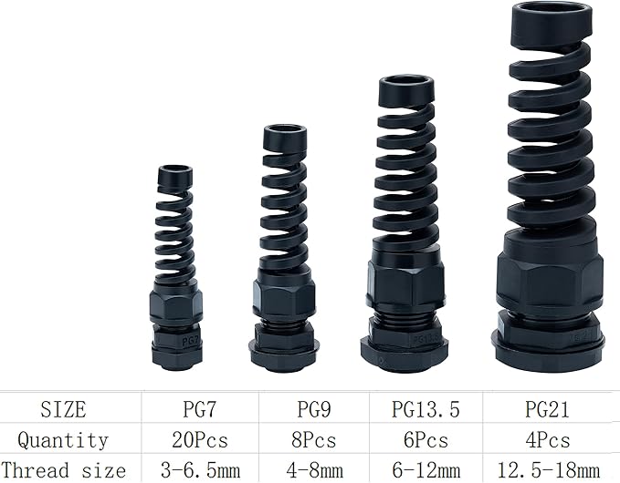 38 Pcs Waterproof Cable Gland, PG7、PG9、PG13.5、PG21 Thread 3~18mm,waterproof wire grommet Strain Relief Cord Connectors,Suitable for Various Electrical Installations