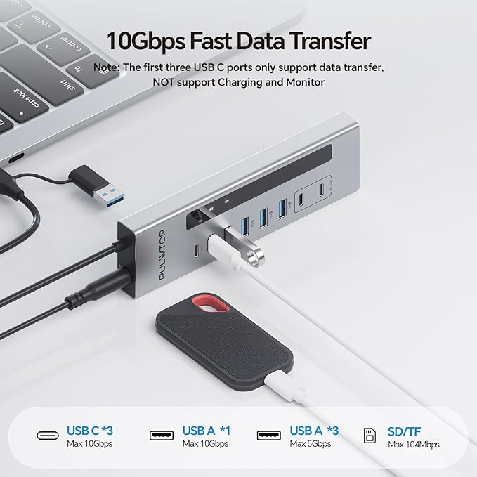 Powered USB C Hub, PULWTOP 11-in-1 USB Hub with SD/TF, 2*USB-C 10Gbps, 4*USB-A 5/10Gbps and 2 * 24/45W Type-C PD Charging Ports (Not Support Video), USB Powered Hub (72W DC Adapter Included)