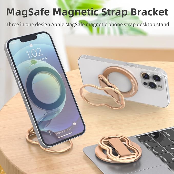 RESPECTED-BRO-Magnetic-Phone-Grip-Stand-with-Finger-Strap, 4-in-1 Magnetic Ring Holder, Kickstand and Elastic Strap for Smartphones, Universal Fit for iPhone, Android, and Cases (Rose Gold)