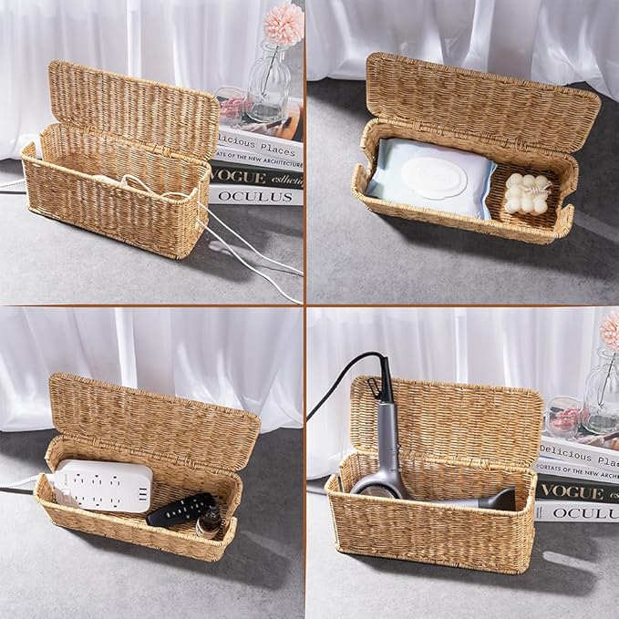 Cable Management Box, Handmade Rattan Cable Organizer, 2 Open Slots Cords Hider Box, Under Desk Cord Organizer for Computer Router USB Hub & Power Strip, Patent Pending, 13" x 5.1" x 5.1", Natural