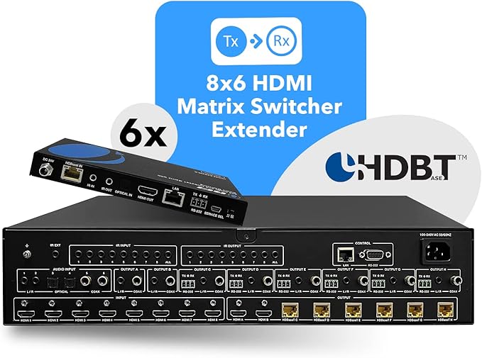 OREI 8X8 4K HDMI Matrix Switcher Extender - HDBaseT UltraHD 4K @ 60Hz 4:4:4 Over Single CAT5e/6/7 Cable with HDR, CEC & IR Control, RS-232 - Up to 400 Ft - Additional 8 Loop Out - 8 Receivers