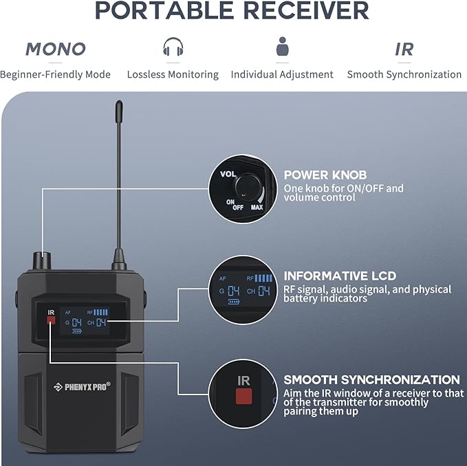 Phenyx Pro PTM-11/PTM-22 Mono Wireless in Ear Monitor System Bodypack Receiver, Performance with Adjustable Frequencies