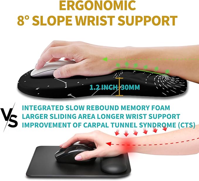 Hokafenle Ergonomic Mouse Pad Wrist Support, Wrist Rest Mousepad for Carpal Tunnel Pain Relief with Integrated Memory Foam Slope Massage Bulge (11.8x7.9 inch,Galaxy