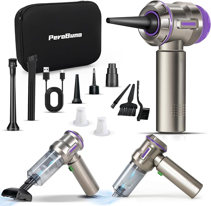 PeroBuno Electric Air Duster, Mini Vacuum Cleaner Cordless, 2-in-1, 200000RPM, 35mins Runtime, Rechargeable Outdoor Blower with 3 Gear for Car Computer Keyboard Cleaning
