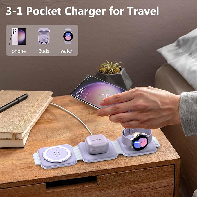 Travel Charger for Samsung Multi Devices, Foldable 3 in 1 Wireless Charging Station Fast Charging Stand/Pad Compatible for Samsung Galaxy S25/S24/S23/S22/S21/Note20 Galaxy Watch8/7/6/5/4/Galaxy Buds4