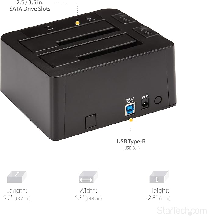 StarTech.com Dual-Bay USB 3.1 to SATA Hard Drive Docking Station, USB 3.1 (10 Gbps), External 2.5/3.5" SATA I/II/III, SSD/HDD Docking Station, Hot-Swap Hard Drive Bay, Top-Loading (SDOCK2U313)