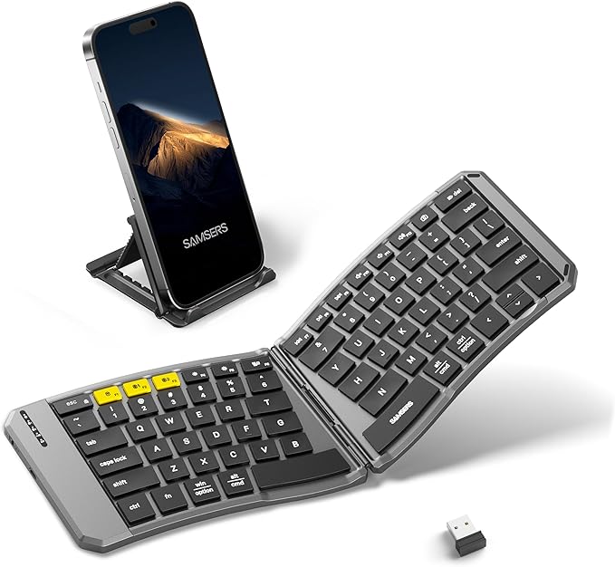 Samsers Ergonomic Foldable Keyboard, KE09U Folding Travel Bluetooth Keyboard with 6-Row Layout, Dual-Mode(2.4G+BTx2) Split Portable Design with USB Slot, for iPhone iPad Smartphone Tablet Laptop PC