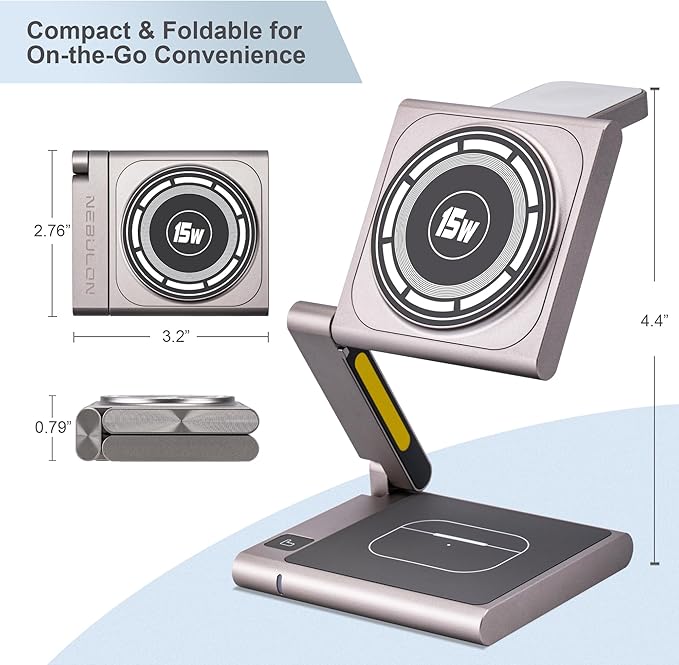 Fast Wireless Charging Station, Foldable for Travel w/Light, Modern All Aluminum Alloy Body, 4 in 1 Charger Compatible with MagSafe for Apple iPhone 16/15/14/13/12, AirPods and Apple Watch [Silver]