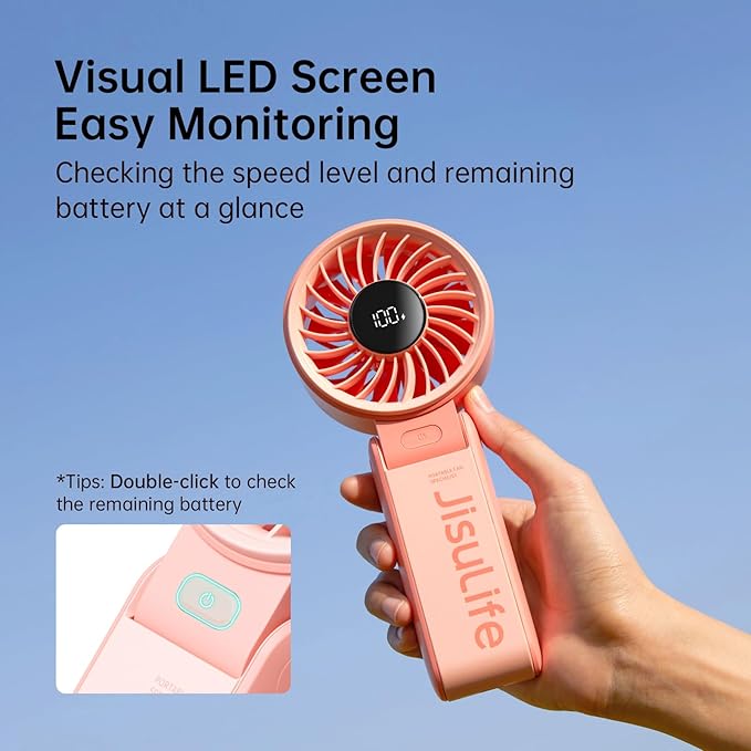 JISULIFE Handheld Fan Life7 – Ultimate Flexibility: High-Power Motor, LED Display, 19.5 Hrs Cooling, 5000mAh Rechargeable, 5-Speed, Foldable Design, 3-IN-1 Portable Fan for Travel Cruise Beach(Pink)