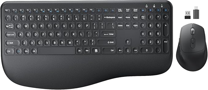 Wireless Keyboard and Mouse Combo, EDJO 2.4G Full-Sized Ergonomic Computer Keyboard with Wrist Rest and 3 Level DPI Adjustable Wireless Mouse for Windows, Mac OS Desktop/Laptop/PC (Carbon Black)