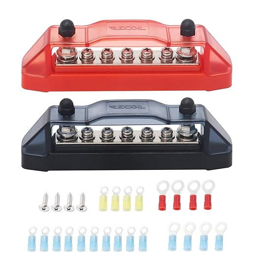Recoil BBS25P Bus Bar 2 x M5 Studs and 5 Screw Terminals Power Distribution Block with Ring Terminals Pair Red & Black