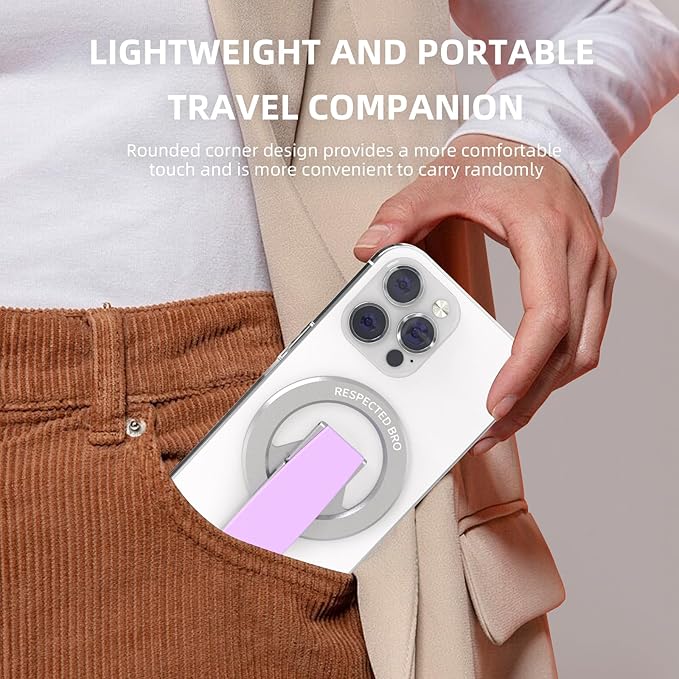 RESPECTED-BRO-Magnetic-Phone-Grip-Stand, Magnetic Phone Ring Holder Kickstand with Silicone Finger Strap, Compatibility for iPhones, Androids, and More (Purple)